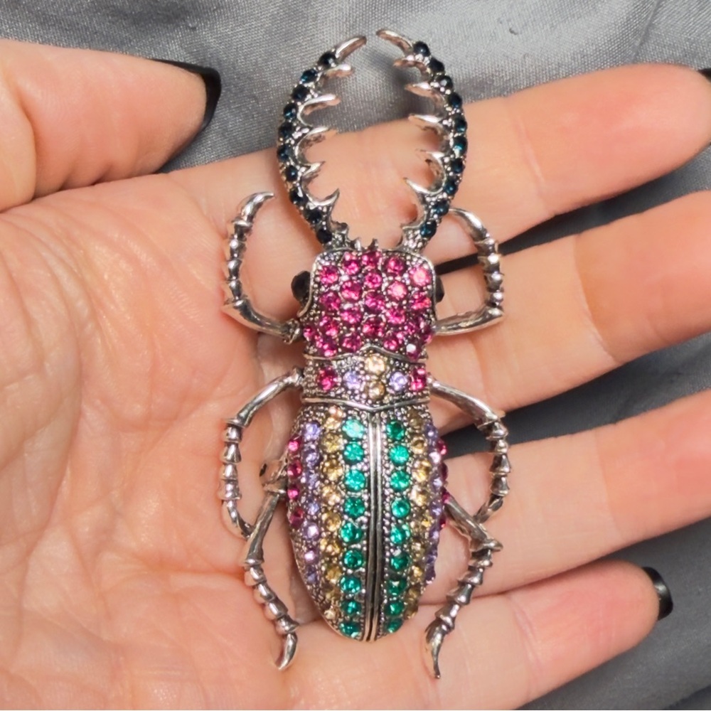Beetle Brooch Rhinestone Insect Pin 3 inches